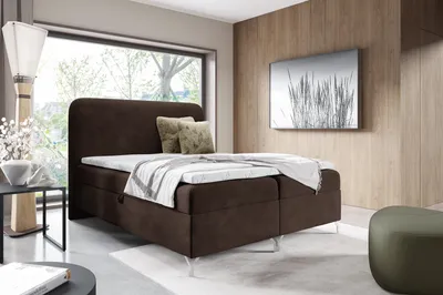 Image de Lit avec sommier à ressorts et matelas 140x200 Rotos, revêtement en tissu cordé - Lit double avec surmatelas, coffre de lit - Marron