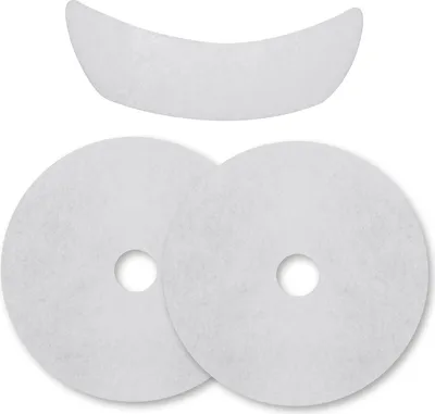 Three white filters for a dryer are shown against a white background. One filter is curved, and the other two are circular with holes in the center.