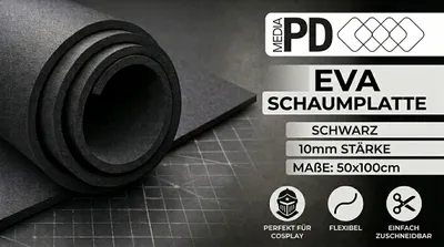 Produktbild von PD Media EVA Schaumstoff Schwarz 10mm – 50x100 cm, 10 Stück (Großpackung), High Density Moosgummi für Cosplay & Basteln