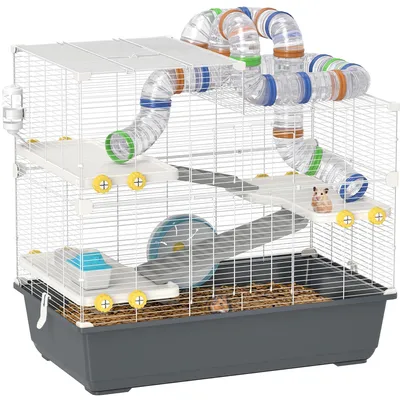Zdjęcie produktu dla Klatka dla chomika – klatka dla chomika karłowatego – 4 poziomy z systemem tuneli – otwierana górna część – 78x45x73 cm – metal – kolor szary