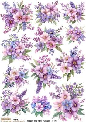 Immagine prodotto di Carta di riso Carta per decoupage A4 - Scraplove - Fiori viola e rosa 1