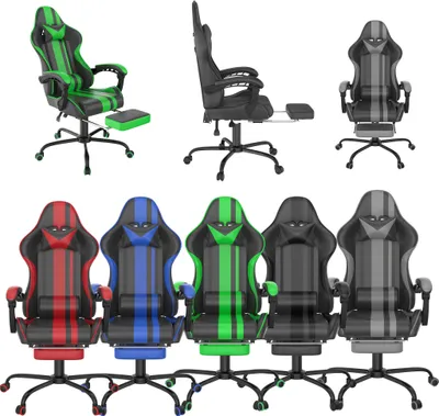 Obrázok produktu pre Herná stolička LZQ, ergonomická kancelárska stolička s masážnou funkciou, výškovo nastaviteľná, s bedrovým vankúšom a opierkou hlavy, podnožka, nosnosť 135 kg, čierna