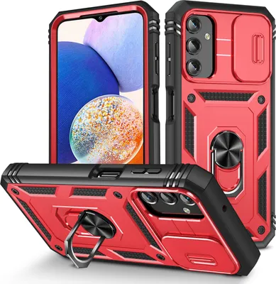 Image de Etui pour Samsung Galaxy A14 5G avec protection coulissante de l'appareil photo, résistant aux chocs, avec porte-anneau, support et porte-cartes Rouge