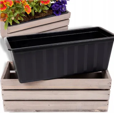Produktbild von ECODECO Deko Holzkiste für Blumen, Kiste Holz 18x40x15 cm, Holzbox mit Plastic Insert, Blumentopf für Balkon Terrasse oder Garten, Grau Blumenkasten