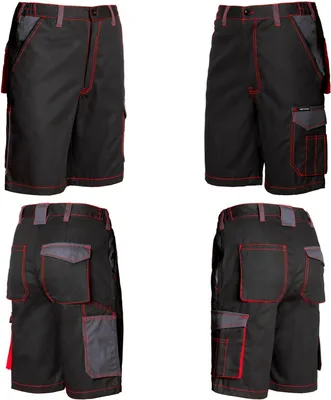 Four views of black work shorts with red stitching and gray accents.