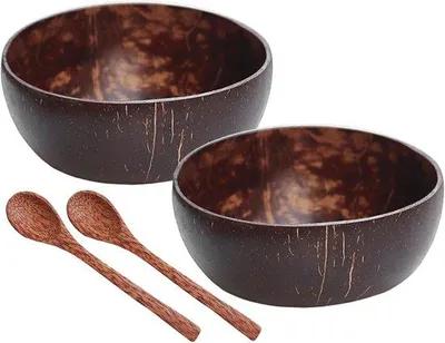 Produktbild von Kokos Schalen Set mit Holzlöffeln - Natürliche Servierschalen - 15 cm Durchmesser - Braun