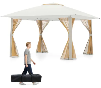 Image de Pavillon COSTWAY 4 x 4 m, pavillon pliant « pop-up » avec 4 moustiquaires, double toit et sac de transport, pavillon de jardin imperméable et résistant à l'hiver, tente de réception beige