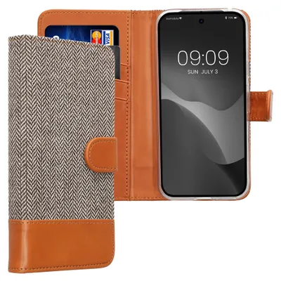 Produktbild von kwmobile Wallet Case kompatibel mit Google Pixel 9a - Hülle mit Ständer - Handyhülle Kartenfächer Hellgrau Braun