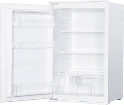 An open, empty white refrigerator with shelves and drawers.