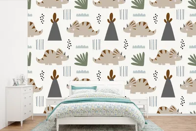 Produktbild von MuchoWow® Fototapete für Wohnzimmer oder Schlafzimmer Wandtapete Vinyl Motivtapete Jungen - Kinder - Dinosaurier - 450x300 cm - Gemusterte