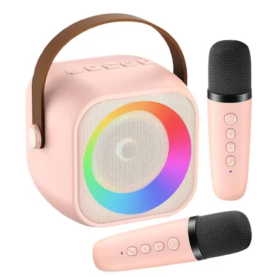 Produktbild von Mini-Karaoke-Maschine für Kinder Erwachsene, tragbarer Bluetooth-Lautsprecher mit 2 Mikrofonen & Disco-Licht,ideal für Party Zuhause, Rosa