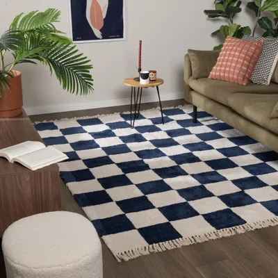Image de Volero - Tapis à damier - Blox Franges Bleu - 200x290 cm