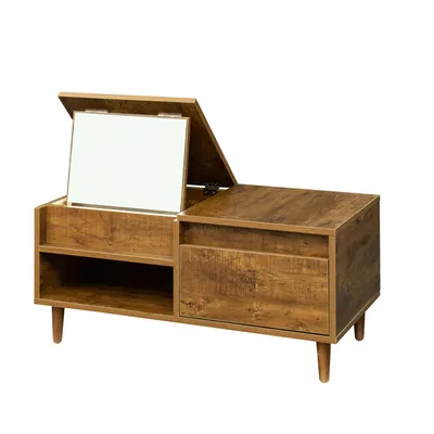 Produktbild von Braun Couchtisch 80x40x38cm mit Klappdeckel Stauraum modern minimalistischer Wohnzimmertisch mit Massivholzbeinen Spiegeloptik Kaffeetisch