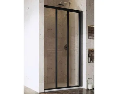 A modern shower door in a bathroom setting.