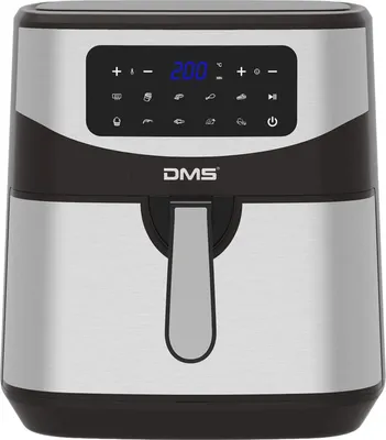 A front view of a silver and black air fryer with a digital display and a handle.