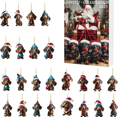 Produktbild von 2025 Weihnachts-Dackel-Adventskalender, 24 Tage Countdown bis zur Weihnachtsdekoration, Sammlerstück, 2D-Acryl-Hundeanhänger-Set zum Aufhängen für die Inneneinrichtung