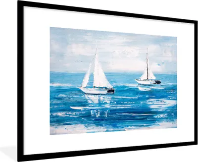 Produktbild von MuchoWow® Gerahmtes Poster Malerei - Ölfarbe - Boot - Wasser 90x60 cm - Poster mit Schwarzem Bilderrahmen Wandposter Rahmen Foto Bilder - Wanddekoration - Fotos