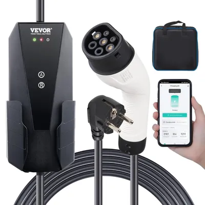 Immagine prodotto di Caricabatterie portatile per veicoli elettrici, tipo 2, 3,68 kW, monofase, cavo da 8,6 metri, con controllo tramite app