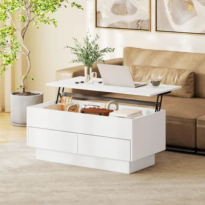 Produktbild von Couchtisch höhenverstellbar mit Staufach und 2 Schubladen, 100x50x44 cm, Weiß