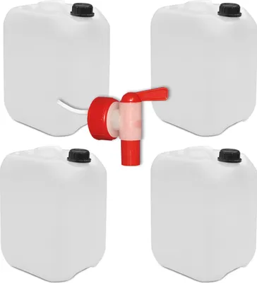 Produktbild von plasteo 4er Set: 10 Liter Getränke- Leer- Wasserkanister mit 1 Auslaufhahn und 4 Schraubdeckel (DIN 45) | Lebensmittelecht | BPA Frei | Tragbar | Indoor und Outdoor