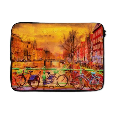 Produktbild von MuchoWow® Laptop Hülle 13 Zoll Gemälde - Fahrrad - Amsterdam - Gracht - Öl Laptoptasche - Laptophülle - Sleeve - Rundumschutz