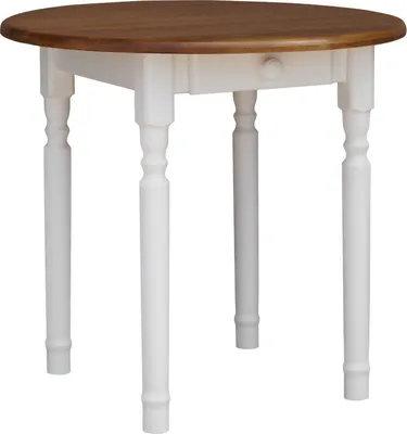A round dining table with a wooden top and white legs, shown against a white background.