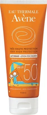 Obrázok produktu pre Avene Children’s SPF 50 Sun Milk, Opaľovacie mlieko, Rúra, Citlivá pokožka, 100 ml, Deti, AVENE THERMAL SPRING WATER (AVENE AQUA). C12-15 ALKYL BENZOATE. COCO-CAPRYLATE/CAPRATE. METHYLENE...