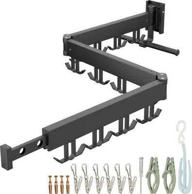 Produktbild von Relaxdays Wäscheständer Wandmontage, klappbar & rotierbar, HxBxT: 12 x 127 x 26 cm, platzsparender Wandtrockner, schwarz
