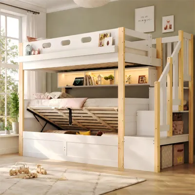 Immagine prodotto di Letto a castello okwish 90x200 con testiera inPoliuretanoe luci LED, letto per ragazzi con presa USB e contenitore, letto matrimoniale bianco, senza materasso