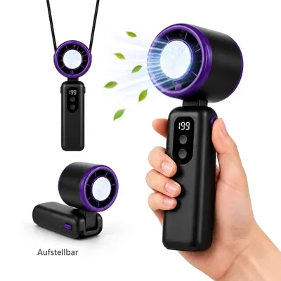Produktbild von 4-in-1 Handventilator, 5 Stufen Tragbarer Ventilator, 1-199 stufenlos Handventilator, Klappbar, USB Nackenventilator, LED Display, Grau-Lila