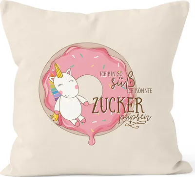 Produktbild von Kissenbezug Einhorn auf Donut Ich bin so süß ich könnte Zucker pupsen 40x40 Baumwolle MoonWorks® natur unisize