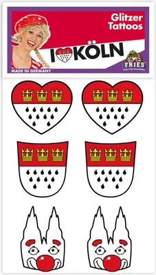 Produktbild von 6 Glitzer Tattoos für Karneval mit Köln Motiv, Rot-Weiß, mehrere Tage haltbar