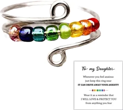 Produktbild von Anti-Angst-Ring mit drehbaren bunten Perlen, Schmuckdekoration, Stressabbau, verstellbarer offener Ring, Schmuckzubehör für Frauen und Mädchen-Silber B
