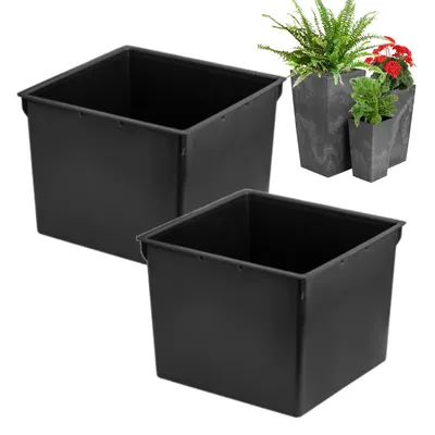 Two black plastic planter inserts are shown against a white background. In the background, three grey planters with plants are visible.