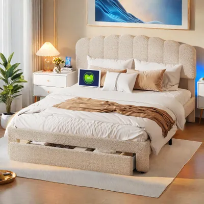 Zdjęcie produktu dla Łóżko tapicerowane ProximaX 160x200cm z USB i szufladami, podwójne łóżko młodzieżowe ze stelażem listwowym, drewniane łóżko do przechowywania łóżko klasyczne, wełna owcza, beżowe