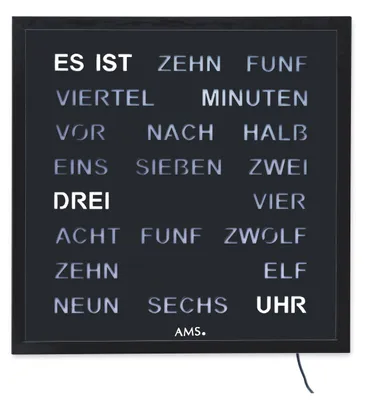 Produktbild von AMS T1265 Tischuhr mit lackiertem Metallgehäuse und schwarzer LED-Wortuhr