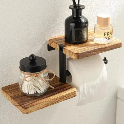 Produktbild von Toiletrolhalter mit Holzplatte, Wandmontage, vintage Toilettenpapierhalter für Küche und Bad