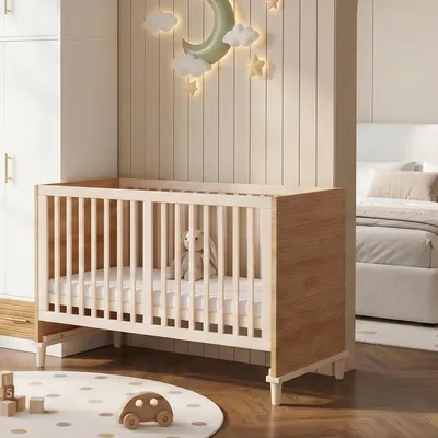 Produktbild von Gitterbett für Babys mit 5-facher Höhenverstellung, stabilen Stützbeinen, ohne Matratze, in Naturholzfarbe, 70x140x87 cm