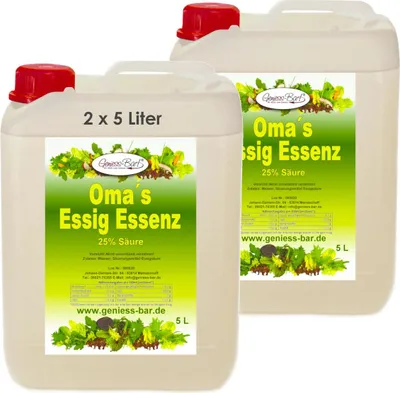 Produktbild von 2x 5L Oma`s Essigessenz 25% Säure Unser Geschmackssieger für die gute Küche & Haushalt / Entkalken / Reinigen ohne Chemie mit Essig Essenz