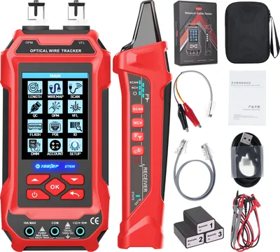 Produktbild von ET638 5-in-1 Multifunktions-Netzwerkkabeltester Multimeter, AC/DC-Spannung, Dioden-, Widerstands-, Kapazitaetstest Optisches Leistungsmessgeraet Visuelle Fehlersuche Netzwerklaengenmessung, PoE-Test, Crimptest - mit 3 Adaptern