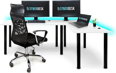 Produktbild von SyberDesk Gaming Pro LED biurko gamingowe narożne 197 x 132 cm z LED duże biurko komputerowe, biurko dla graczy, USB HUB, (prawe, białe)