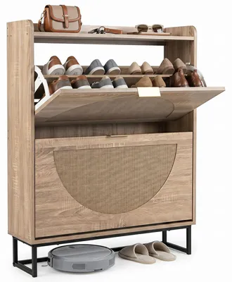 Productafbeelding van COSTWAY schoenenkast, schoenenrek met 2 deuren, schoenenplank met legplanken, smalle schoenenkast met metalen poten en PE-rotan, 80x24x102 cm, naturel