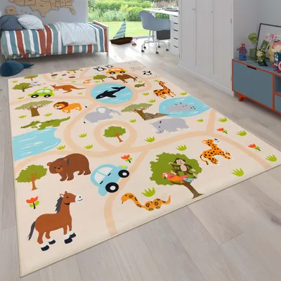 Image de Tapis pour chambre d'enfant Tapis pour enfants Tapis de jeu Jungle Antidérapant Crème Vert Dimensions 200 cm Rond