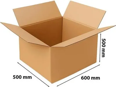 An open cardboard box with dimensions indicated.