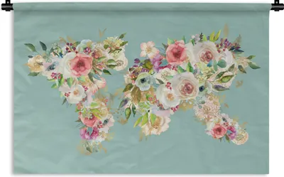 Produktbild von MuchoWow® Wandteppich Wandbehang Karte - Welt - Blumen - Pflanzen 90x60 cm Tapisserie Dekoration Wandtuch - Wandskulpturen - Bildteppich