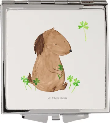Produktbild von Mr. & Mrs. Panda Schminkspiegel Hund Kleeblatt - Weiß - Geschenk, Handspiegel, Kosmetikspiegel, Achtsamkeit, Kleiner Spiegel, Sprüche, Taschenspiegel klappbar, Viel Glück