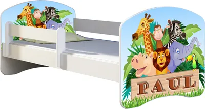 Produktbild von ACMA Jugendbett Kinderbett Junior-Bett Komplett-Set mit Matratze Lattenrost und Rausfallschutz Weiß 02 Animals Name 160x80