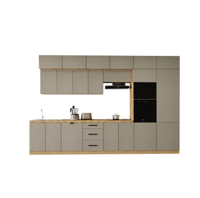 Produktbild von Küchenzeile 400 cm Küchenblock Kühlumbauschrank Ohne Arbeitsplatte Küchenzeile mit Mikrowellenumbauschrank Einbauküche, Langen KL9-M400, Beige/Matt