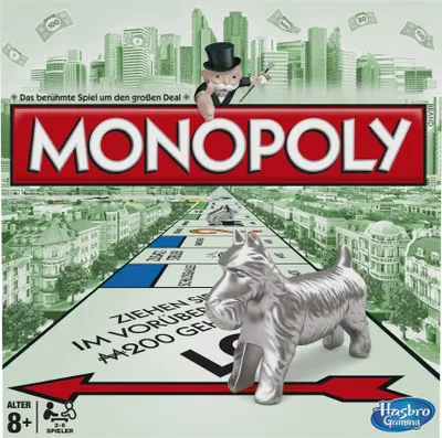 The cover art for a Monopoly board game, showing a cityscape and a dog playing piece.