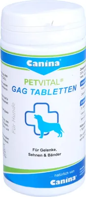 A product shot of a white plastic bottle of Canina PETVITAL GAG TABLETTEN for dogs.